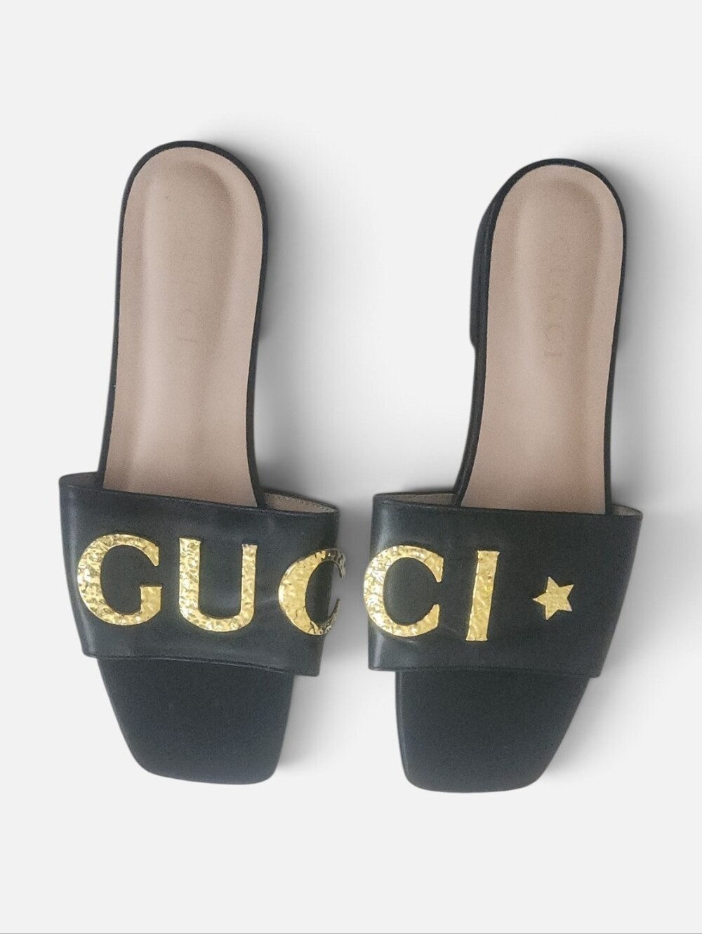 Black Slide Sandals Large Gold Textured Lettering Size EU 40 (Fits Like 8.5-9)